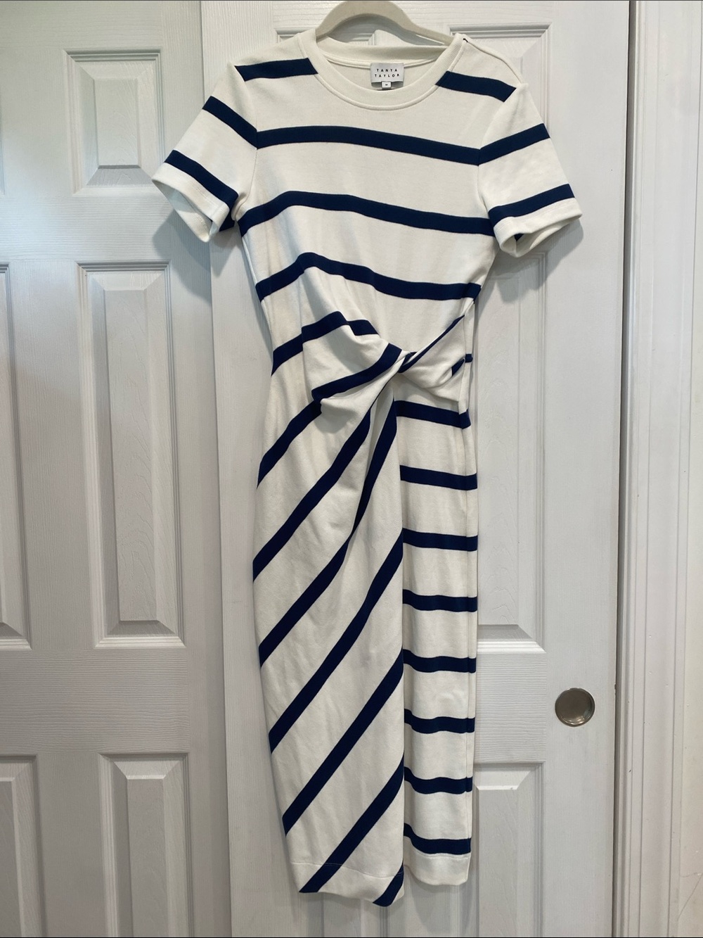 Tanya Taylor Navy and White Striped Twist-Waist Midi Dress